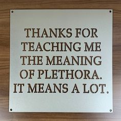 a sign that says thanks for teaching me the meaning of plethora it means a lot