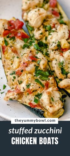 stuffed zucchini chicken boats on a plate with text overlay that reads, stuffed zucchini chicken boats