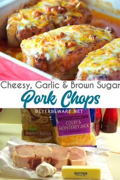 cheesy garlic and brown sugar pork chops in a baking dish with cheese on top