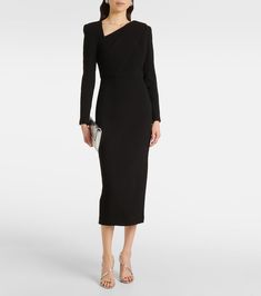 Luxury Structured Cocktail Dress, Luxury Structured Dress For Cocktail Occasions, Luxury Structured Party Dress, Formal Structured Crepe Dress, Classic Midi Dress For Gala, Elegant Midi Dress With Asymmetrical Neckline For Dinner, Chic Structured Evening Dress, Chic Evening Crepe Maxi Dress, Chic Crepe Maxi Dress For Evening