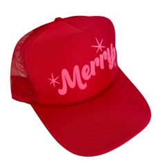 Merry Trucker Hat Spreading the Holiday Cheer! This his or hers trucker is part of our Holiday Collection. Cute and perfect for all your Holiday events. So light, medium profile and a perfect addition to your growing hat collection. 5 Panel Foam Mesh Back Trucker, Pro Style Adult Sizing 100% Poly Foam Front, 100% Nylon Back Red Trucker Hat 5-panel, Retro Red Snapback Trucker Hat, Red Trucker Hat One Size, Red Trucker Hat One Size Fits Most, Red Trucker Style 5-panel Baseball Cap, Red Trucker 5-panel Baseball Cap, Red 5-panel Trucker Baseball Cap, Red Trucker Hat With Curved Brim, Red 5-panel Trucker Hat