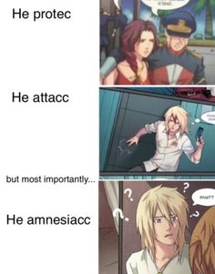 an anime comic strip with the caption that reads he protect he atac but most importantly he amnesiacc