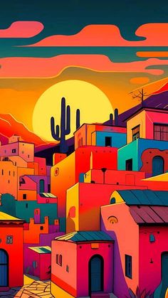 an image of a colorful cityscape at sunset