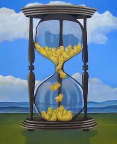 a painting of a hourglass with little yellow chicks in it and blue sky above