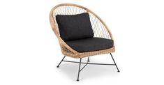 a wicker chair with black cushion and metal legs on an isolated white background, front view