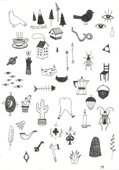 a black and white drawing of various objects