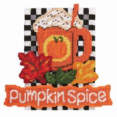 a cross stitch pattern with the words pumpkin spice and a cup of coffee on it