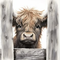 a painting of a brown cow with long hair peeking out from behind a wooden fence