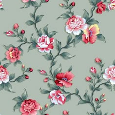 a floral wallpaper with pink flowers and green leaves