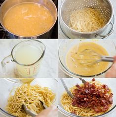 four pictures showing how to make pasta with eggs and bacon