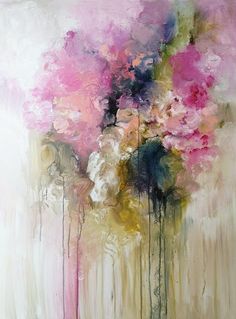 an abstract painting of pink flowers in a vase