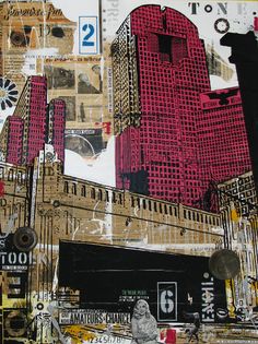 a collage of city buildings and street signs on a piece of paper with stickers all over it