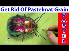 a person is drawing a colorful beetle on a green background with the words get rid of pastel grain pastels