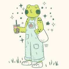 a drawing of a frog wearing overalls holding a drink in one hand and a straw in the other