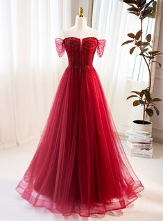 Burgundy Formal Dress, Red Prom Dress Long, Prom Dresses Red, Red Prom Dresses, Corset Dress Prom, Sequin Evening Dresses, Full Length Skirts, Evening Dress Fashion, Tulle Gown