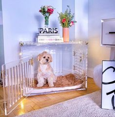 a small dog sitting in its cage on the floor next to a sign and flowers