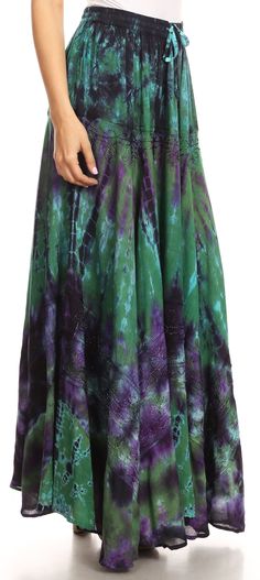 One size regular: Waist 25"min - 40"max (63-102 cm), Length 38" (76cm).US 0-18W, EU 30-48, UK 6-22. Shell: Light material with tie-dye. Made with pre-shrunk rayon. Care: Hand wash cold, hang dry. Made in India. Absolutely gorgeous full circle skirt, perfect for casual wear, dancing, events and traveling. Made with medium weight material, this skirt feels substantial. Featuring an elastic waist and cascading panels with crochet lace ribbon and metallic embroidery. Flowy and very comfortable to we Crochet Lace Ribbon, Shell Light, Tie Dye Maxi Skirt, Tassel Skirt, Tie Dye Hippie, Metallic Embroidery, Tank Outfit, Hippie Style Clothing, Full Circle Skirts