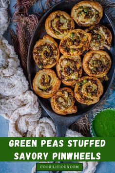 green pea stuffed savory pinwheels on a platter with text overlay