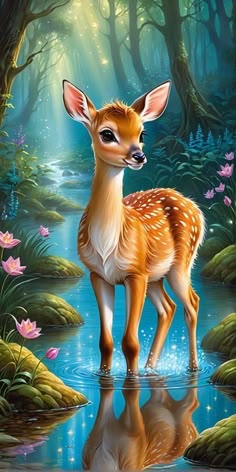 a painting of a deer standing in the water