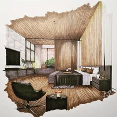 a drawing of a bedroom with wood floors