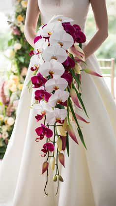 Elegant Waterfall Orchid Bouquets for Weddings Exotic Bouquet, Orchid And Lily Bouquet, Hydrengas Bouquet Ideas, Orchid Wedding Color Scheme, Bouquet Wedding Orchid, Bouquets Ideas, Orchid Aisle Decor, Waterfall Bouquet Wedding Cascading Flowers, Waterfall Bouquet