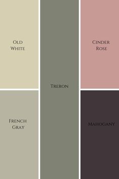 four different shades of grey, pink and green with the words'old white'in black