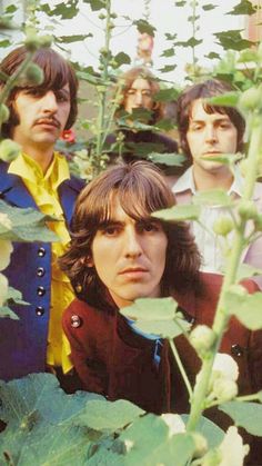 the rolling stones are standing in front of some plants and looking at the camera with their eyes closed