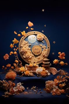 an image of a clock surrounded by flowers and butterflies on a blue background with stars