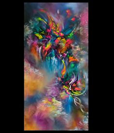 an abstract painting with multiple colors and shapes in the center, on a black background