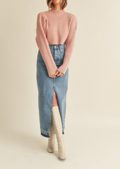 Enhance your wardrobe with this Basic Ribbed Crop Sweater. It features a mock neck, cropped long sleeve design and is made from soft, cozy fabric. Perfect for pairing with jeans, skirts or layering beneath a jacket for extra warmth.- 50% VISCOSE, 29% NYLON, 21% POLYESTER Dusty Rose Outfit, Autumn Mute, Springtime Outfits, February Colors, Wardrobe Building, Fashion Makeover, Aesthetic 2024, Rose Sweater, Classic Sweater