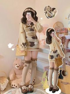 Camouflage Outfit, Cardigan Sleeveless, Cow Outfits, Bow Mini Dress, Camouflage Outfits, Style Kawaii, Kawaii Fashion Outfits, Y2k Outfits, Themed Outfits