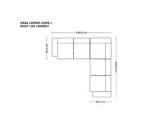 a line drawing of a corner sofa with the measurements for each seat and back section