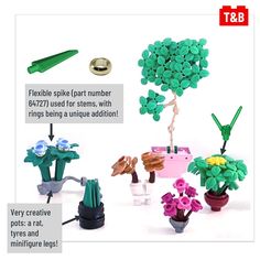 there are many different types of flowers and plants in the picture, but one is made out of legos