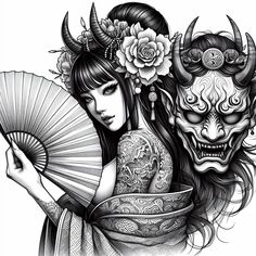 a woman holding a fan next to a demon with horns on her head and flowers in her hair