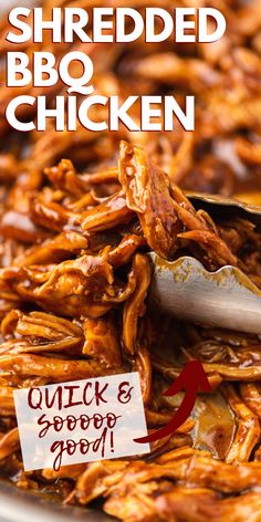 shredded bbq chicken in a bowl with a fork and sign that says shredded bbq chicken