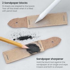 two sandpaper blocks with a pencil sticking out of one and a sharpener on the other