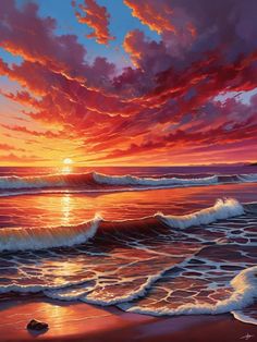 a painting of the sun setting over the ocean