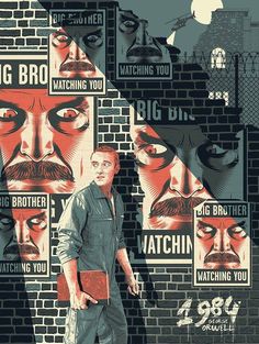 a man standing in front of a brick wall with lots of different movie posters on it