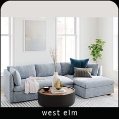 a living room with a blue couch and coffee table in front of two large windows