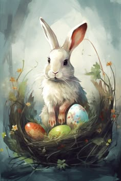 a painting of a white rabbit sitting in a nest with eggs on it's side