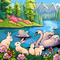 an image of swans and rabbits by the water