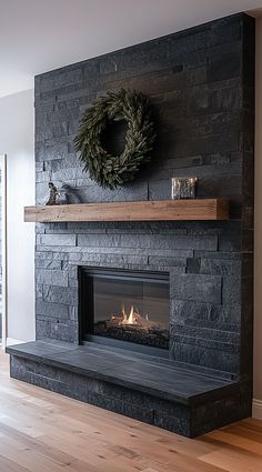 a fireplace with a wreath on top of it