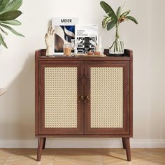 a wooden cabinet with wicker doors and plants on top, next to a white wall