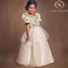 "*Please refer to size chart found at end of picture gallery to avoid unnecessary returns leading to loss of time and money. Size chart are actual size of dress/Barong. Gowns are customizable but needs extra time to make. Thank you for understanding. Kids Filipiniana Dress This Little Princess Filipiniana Gown is hand-painted with flora and fauna design and an iconic butterfly sleeves that greatly showcased our Philippine culture. Perfect for school heritage day, birthday, first communion, weddi Filipiniana Ball Gown, Filipiniana Design, Philippine National Costume, Filipiniana Gown, Philippine Culture, Modern Filipiniana Dress, Modern Filipiniana, Barong Tagalog, Filipiniana Dress