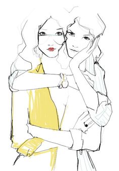 two women are hugging each other while one is wearing a yellow dress and the other has her hand on her shoulder