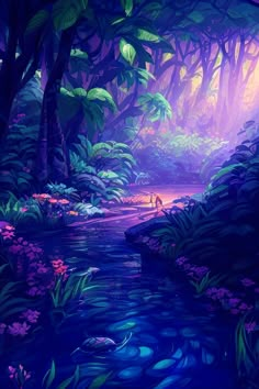 a painting of a river in the middle of a forest with trees and flowers around it