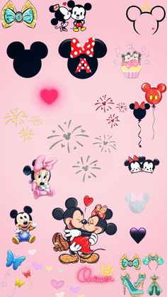 mickey and minnie mouse wallpapers on a pink background with hearts, stars and balloons