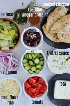 the ingredients for chicken salad laid out in bowls on a white counter top with text overlay