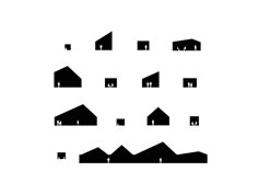 several black and white images of houses in the middle of an area with mountains on each side