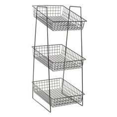 three tiered metal shelf with wire baskets